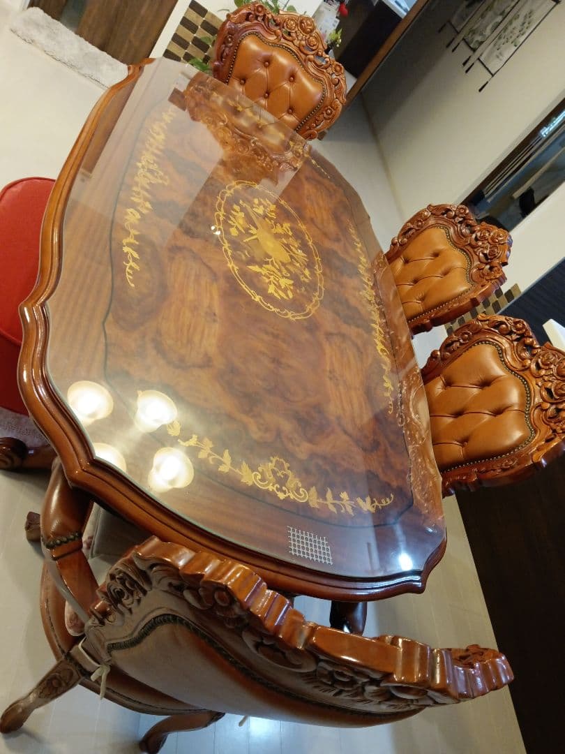 ♥イタリア象嵌　超希少　アンティーク　ダイニングセット(硝子マット付き)　６人用