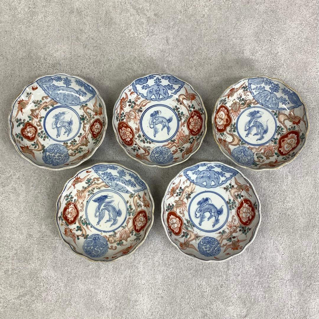 なます皿 5点 直径13.1cm 鶴亀 蝶 色絵 古皿 伊万里 有田 13