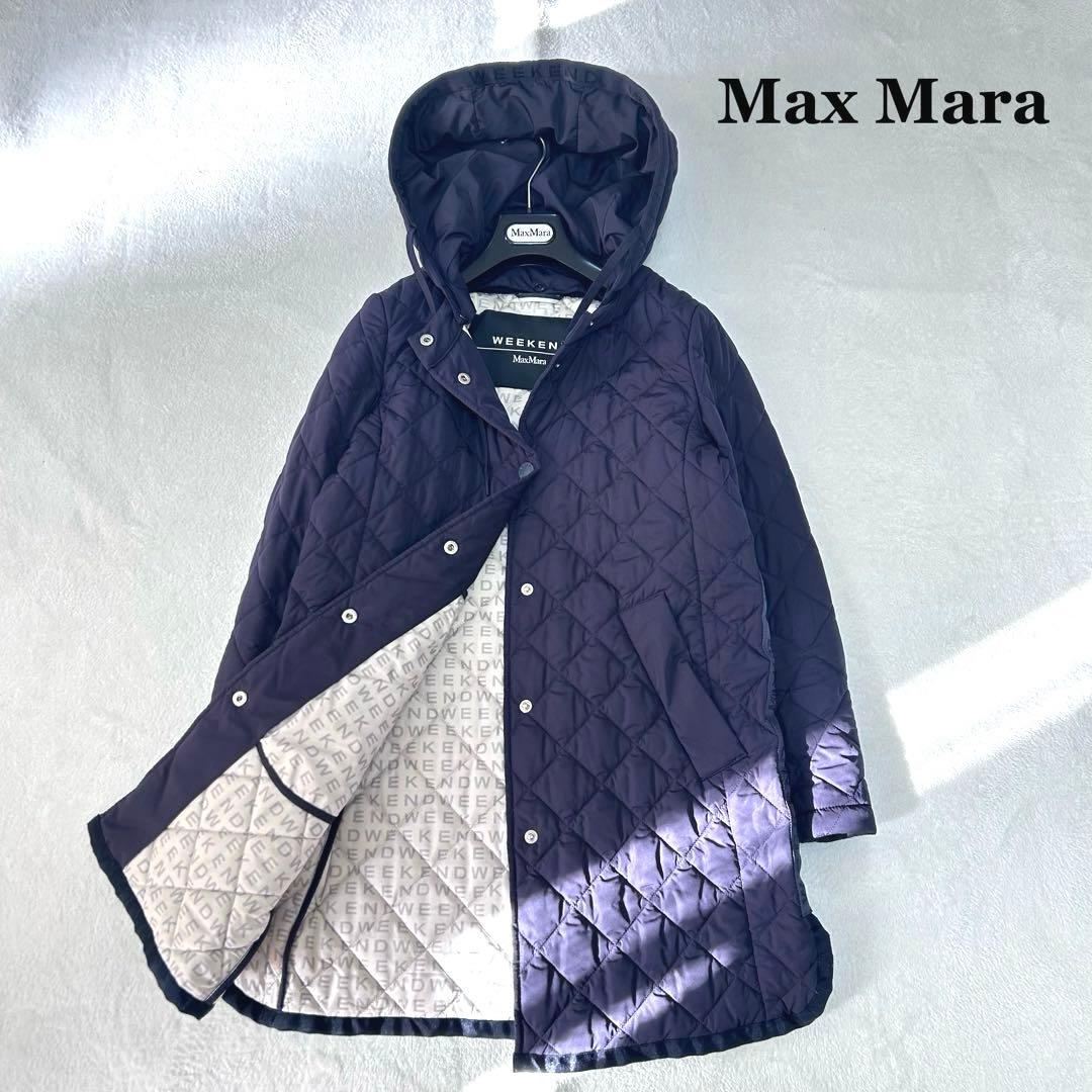 極美品✨マックスマーラ　キルティング　総ロゴ 総柄　フード　コート　ネイビー