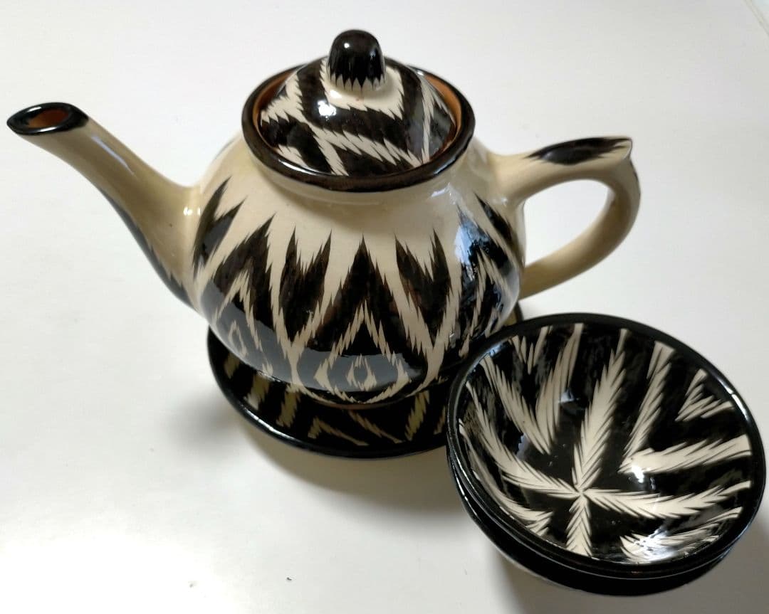 ウズベキスタン アドラス柄 陶器 ティーポット、受け皿、カップ2個付き