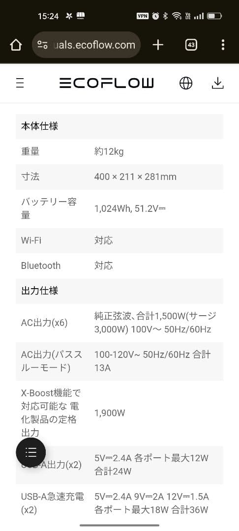 EcoFlow DELTA 2 ポータブル電源 1024Wh 新品未使用