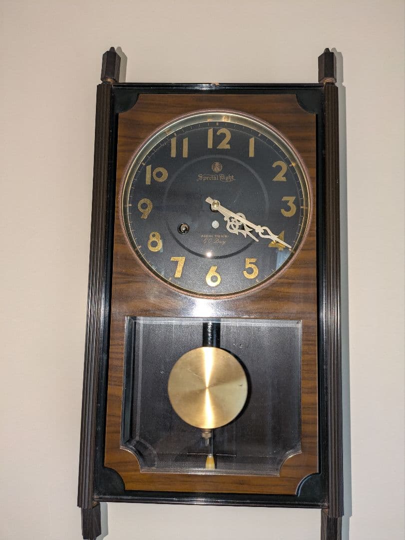 木製ブラウン掛時計 柱時計　60days アイチの時計