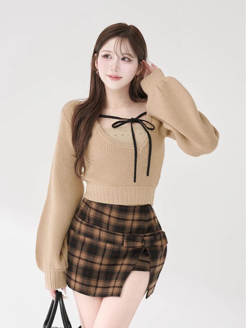 ダーリッチ アシメレイヤードニットトップス ベージュ