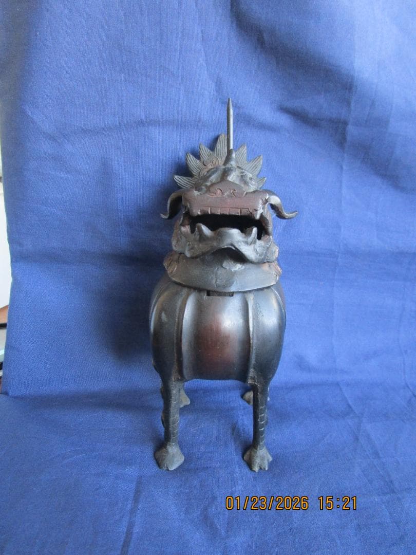 香炉　唐獅子香炉　古銅【?】　頭・取り外し可能　置物　珍型　飾り物　1体