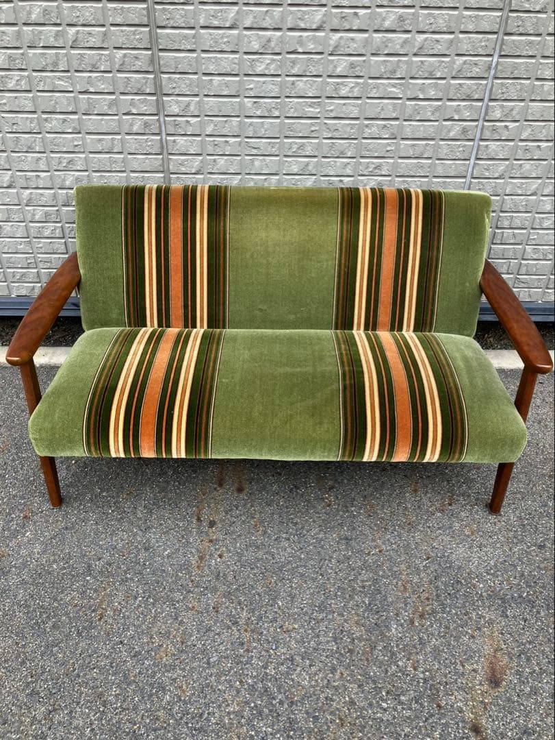 ■オールドカリモク■Kチェア■ストライプ柄■2Pソファ■ビンテージ/レトロ