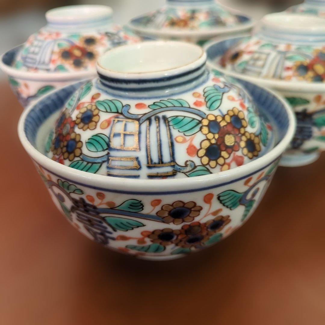骨董　伊万里　茶碗　蓋付碗　色絵　陶器　アンティーク　5つ