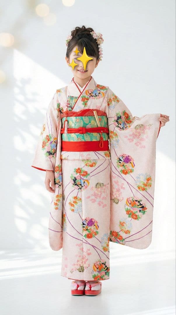 7歳　正絹絞り白ピンク鴛鴦　七五三　お着物・帯・筥迫セット